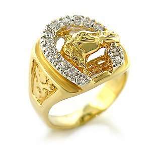  Two Tone Crass Ring with Clear CZ   Horse: Jewelry