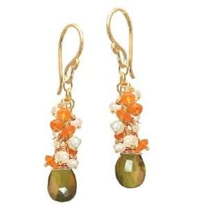Sterling Silver Earrings Clusters of pearls, mandarin garnet, and 
