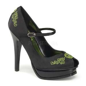PINUP COUTURE PLEASURE 12 Black Satin Lime Green Embroidery Mary Jane