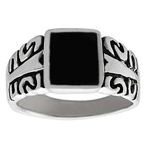AZ] Sterling Silver Mens Onyx Rectangle shape with Debossed Detail 