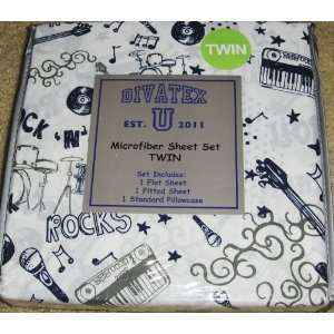   2011 Rock & Roll Microfiber Twin Size Sheet Set Navy: Home & Kitchen