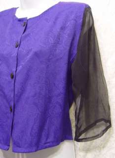 Purple Brocade SHEER BLACK SLEEEVES Vintage Blouse L  