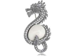 Jewelled Dragon Silver Antique Inspired Frosted Crystal Rhinestone Pin 
