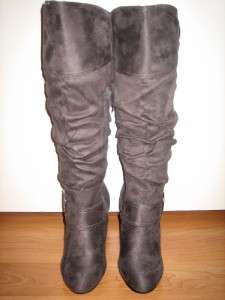 Suede Round Toe Buckle Dress Knee High Boots 3 Heel Sz   PLUG 02