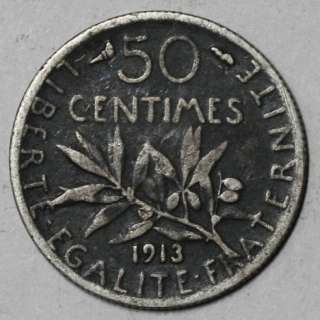 1913 Semeuse (Sower) France silver 50 centimes WWI TRENCH Coin  