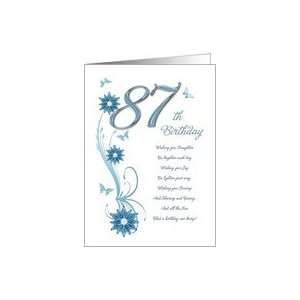  87th birthday card in teal with flowers and butterflies 