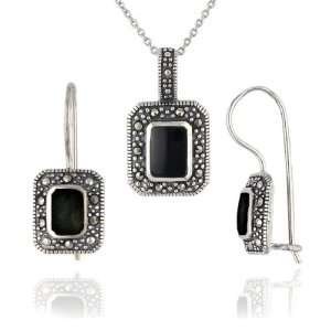   Marcasite and Onyx Rectangular Earrings and Pendant Set, 18 Jewelry
