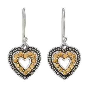   Sterling Silver Marcasite Champagne Crystal Open Heart Drop Earrings