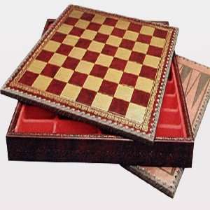   Burgundy & Gold Pressed Leather Chess/Backgammon Cabinet Toys & Games
