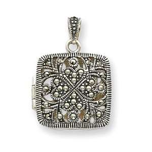    Sterling Silver Marcasite Locket w/ 18 box Chain Necklace Jewelry