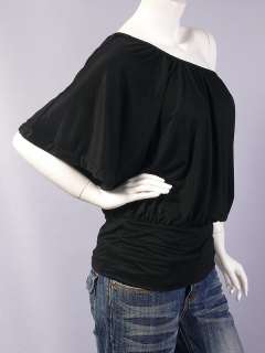 Black Off the Shoulder Ruched Bat Sleeve Top L  