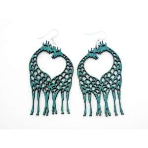  Teal Giraffe Heart Wooden Earrings: GTJ: Jewelry