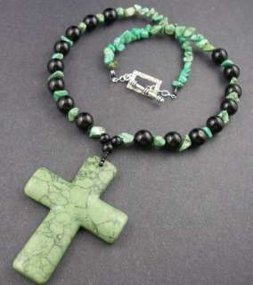 Huge Cross pendant green Turquoise Howlite,black Onyx handmade jewelry 