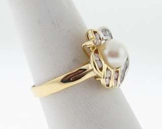 Estate Cultured Pearls Genuine Diamonds Solid 14k Two Tone Gold Ring 