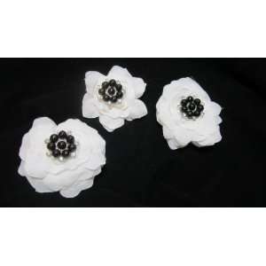  3 Inch White Hair Flower Clip with Black Crystal Center 