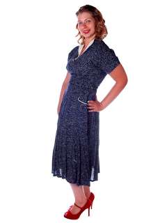Vintage Blue Linen Day Dress Full Skirt 1950 SZ 12  