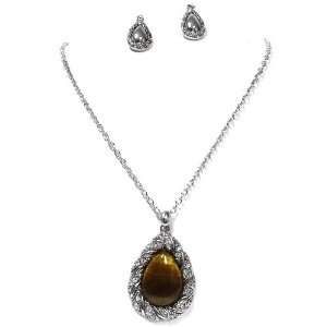 Stone Pendant Necklace Set; 18L; Pendant Is 2; Silver With Tiger Eye 