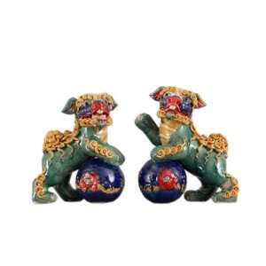  7 H Pair of Foo Dogs Green Chinoiserie Style Hand Painted 