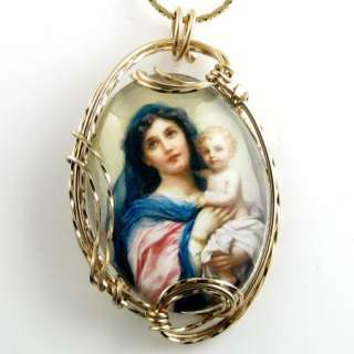 Mother Mary Baby Jesus Glass Cameo Pendant 14K Rolled Gold Jewelry 