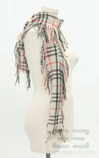 Burberry Oatmeal Cashmere & Wool Icon Check Happy Fringe Scarf  
