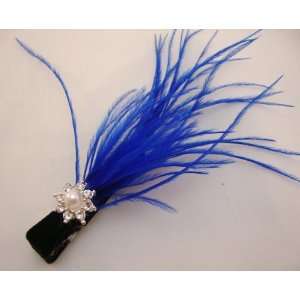 NEW Royal Blue Vintage Hollywood Feather Hair Clip with Rhinestones 