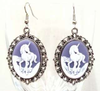   Style Antique Silver Purple White Unicorn Cameo Earrings  