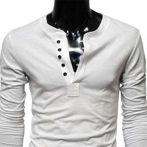   ) TheLees Mens casual Slim fit Button point Long Sleeve Tshirts WHITE