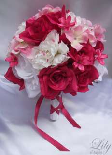 17pcs Wedding Bridal Bouquet Flower Peony FUCHSIA WHITE  