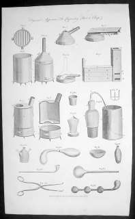 1795 Hall Antique Print of Various Chemistry Apparatus  