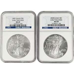   2008 Silver Eagle Coin Pair MS69 Early Release NGC: Sports & Outdoors