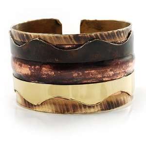  Wavy Pattern Chunky Ethnic Cuff Bangle (Brown, Gold&Copper 