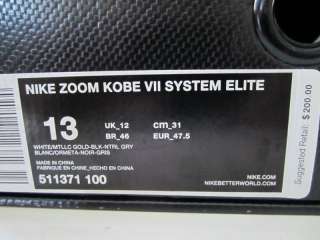 Nike Zoom Kobe VII System Elite bryant white gold sz 13 ! NIB code 