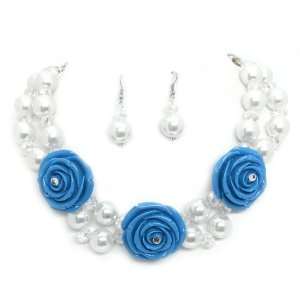Pearl And Rose Necklace Set; 18L; White Pearls; Blue Roses; Lobster 