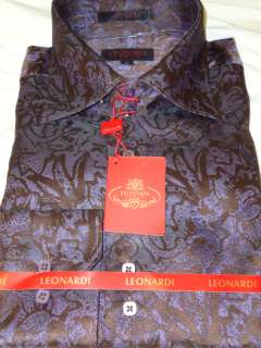 Mens Leonardi Brown Purple Abstract High Collar Shirt  