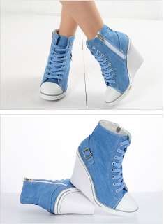 Women Wedge High Heels High Top Sneakers White/Black/Light Blue/Blue 