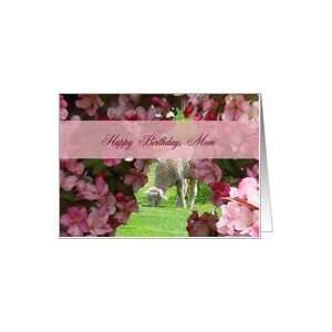   Mother, Mom, Lamb Feeds on Green Grass Behind Pink Apple Blossoms Card