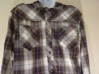 Affliction Plaid Blk Gray Green Button Down Crow LS Military Shirt 