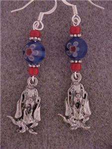 Basset Hound Charm Earrings Blue Millifiori w/Red Beads  