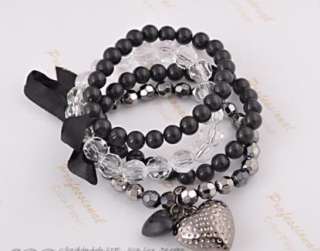 Black Beads Heart Ribbon Bow Four Layer Bracelet  