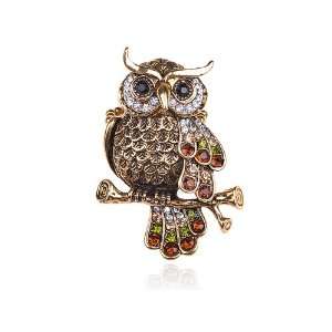 Vintage Inspired Crystal Rhinestone Accented Feathers Grandfather Owl 