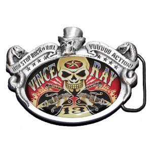 Vince Ray Skull with Guitars Belt Buckle Voodoo Sports 