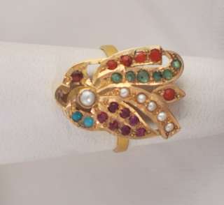 Vintage Antique 18k Gold Pearl Ruby Emerald Ring  