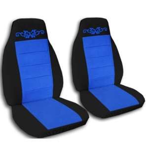  2 black and medium blue car seat covers, with a butterfly tattoo 
