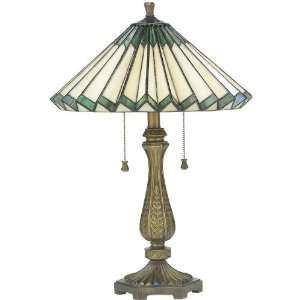  Table Lamp with Green Tiffany Shade in Antique Bronze 