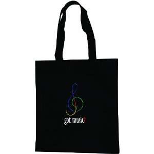  Black tote bag featuring embroidered G clef and the words 