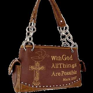 With God All Things Are Possible Cross Bible Vs Western Brown Handbag 