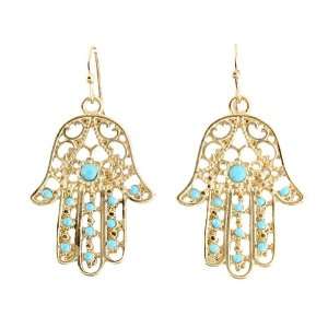  Matte Gold Hamsa Dangle Earrings With Turquoise Stones for 