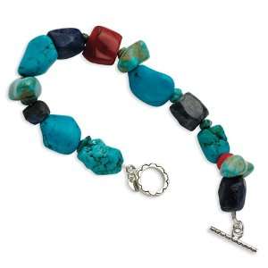   Sterling Silver Red Coral/Howlite/Lapis & Turquoise Bracelet Jewelry
