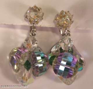 VENDOME Aurora Borealis Rhinestone Dangle Clip Earrings  