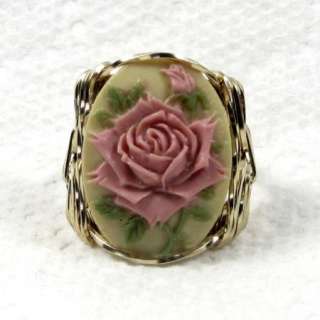 Amarillo Pink Rose Cameo Ring 14K Rolled Gold Jewelry  